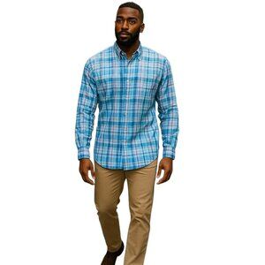 Peter Millar Large Plaid Button Down Shirt Blue Casual Professional Office Wear